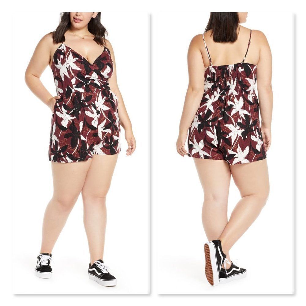 BP. Leaf Print Wrap Front Linen Blend Romper sz 4X